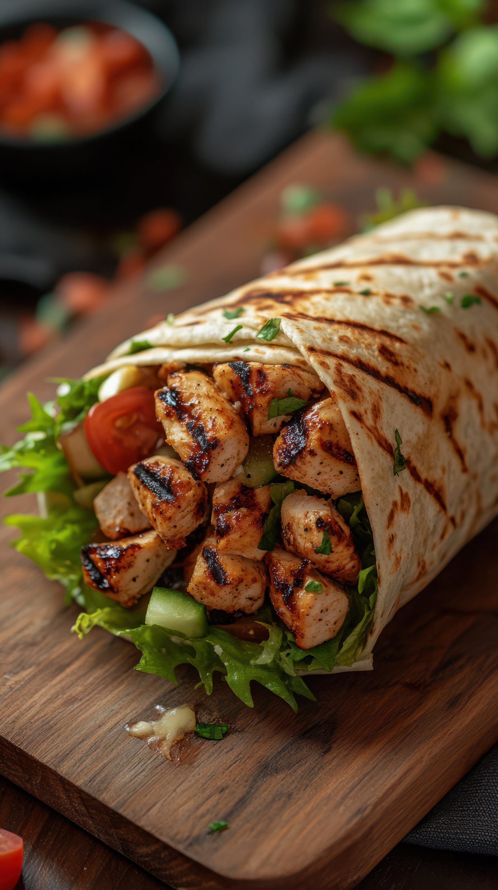 Grilled chicken wrap filled with fresh vegetables on a wooden board during a cozy meal preparation moment